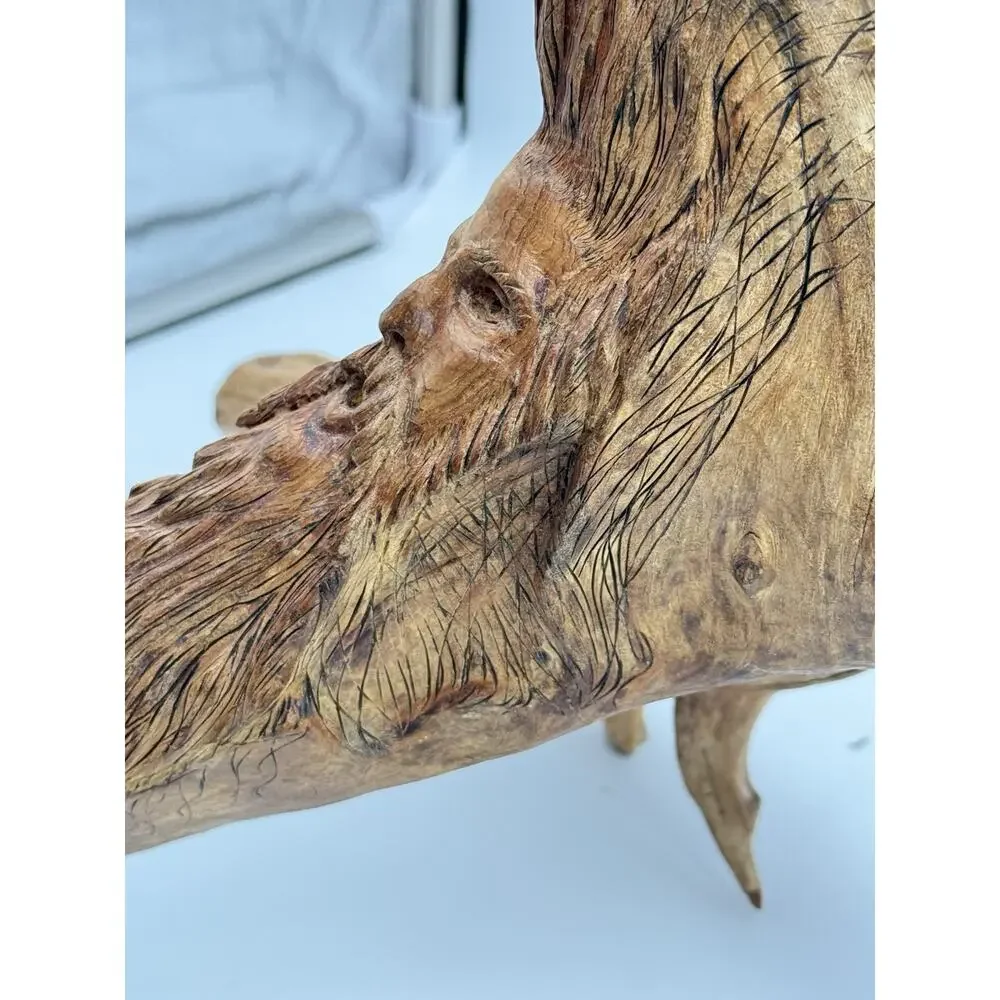 Hand Carved Wood Old Man Face w Feather Spirit Tree Sculpture Figure 12”x10” VTG